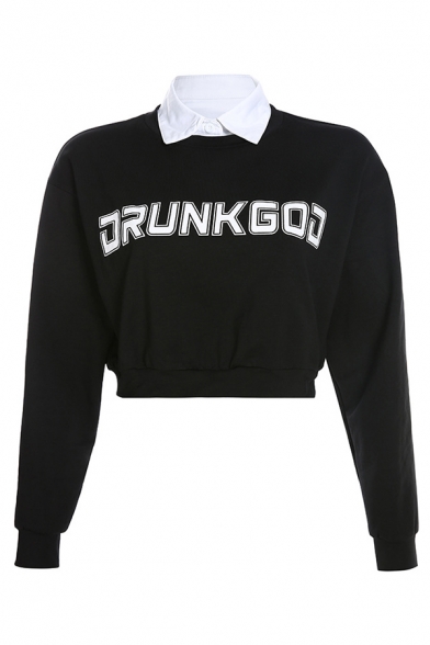 Funny Letter DRUNK GOD Printed Contrast Collar Long Sleeve Fitted Black Cropped Pullover Sweatshirt