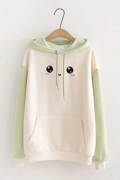 Girls Cute Face Pattern Colorblock Long Sleeve Relaxed Fit Drawstring Hoodie with Pocket