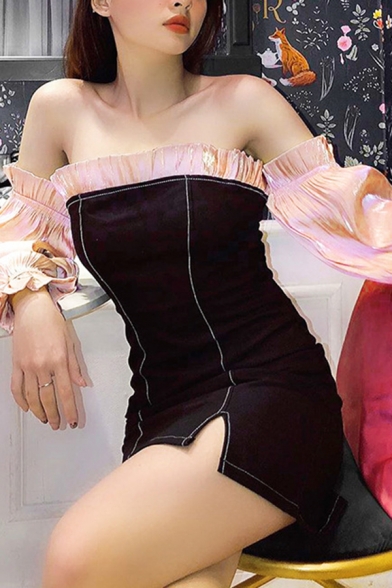 Girls Sexy Color Block Stringy Selvedge Trim Off Shoulder Bell Sleeve Side Split Slim Fit Mini Dress