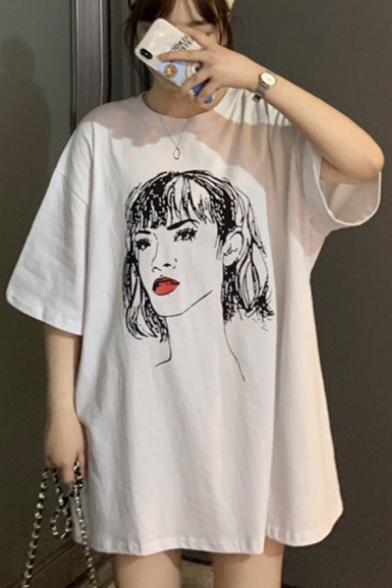 Harajuku Style Cartoon Girl Pattern Half Sleeve Casual Longline Oversized T-Shirt