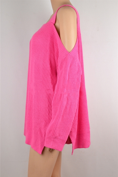 Hot Pink Square Neck Long Sleeve Side Split Oversized Casual Pullover Sweater with Cold Shoulders