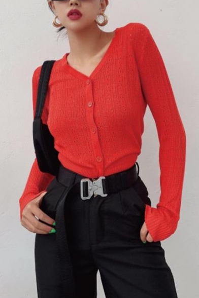 Ladies Casual Solid Color Long Sleeve Button Front Slim Fit Open-Knit Retro Cardigan Coat
