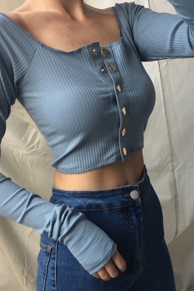Ladies Sexy Solid Square Neck Long Sleeve Metal Single Breasted Crop Fitted Ribbed Knit Cardigan Top