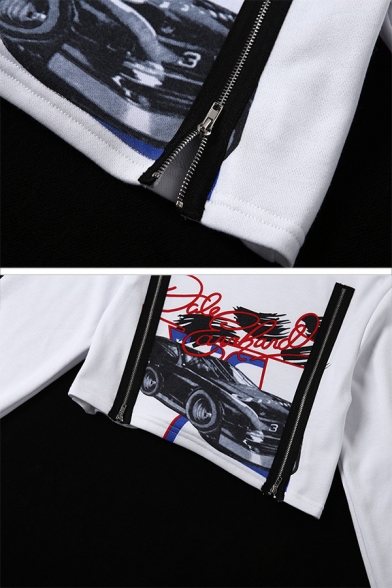 Ladies White Fashion Letter Car Printed Double Zipper Embellished Long Sleeve Cropped Sweatshirt