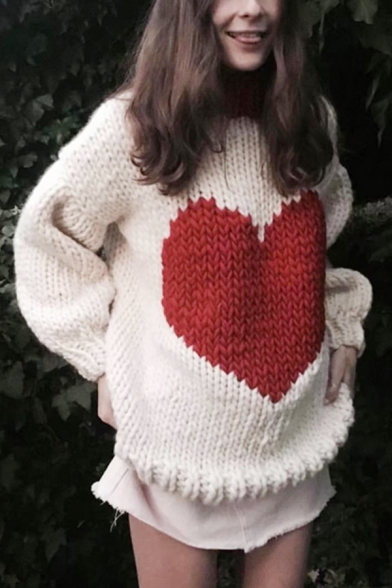 Loose White Heart Print Contrast Collar Long Sleeve Girls Chic Knit Pullover Sweater