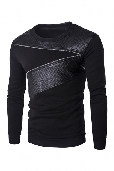 Men Leisure Black Round Neck Long Sleeve Quilted Plaid Leather Patchwork Zipper Decoration Pullover Sweatshirt
