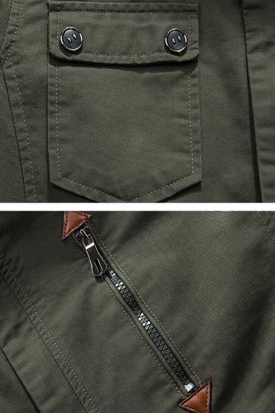 Mens Casual Plain Long Sleeve Zip Placket Slim Fit Army Green Thin Hooded Jacket Coat