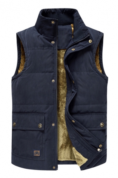 Mens Fashionable Navy Blue Stand Up Collar Snap Button Front Thick Padded Vest Outdoor Coat