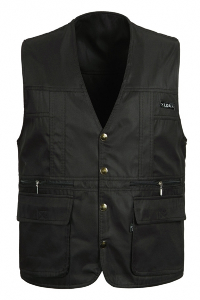 Mens Stylish Plain V-Neck Sleeveless Button Down Oversized Leisure Jacket Vest with Pocket