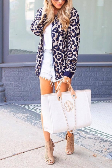 New Trendy Color Block Leopard Printed Long Sleeve Full Zip Slim Fit Casual Jacket