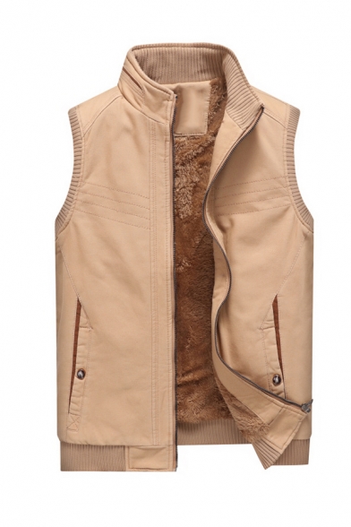 New Trendy Whole Colored Stand Collar Zip Up Sleeveless Casual Padded Vest Jacket with Pocket