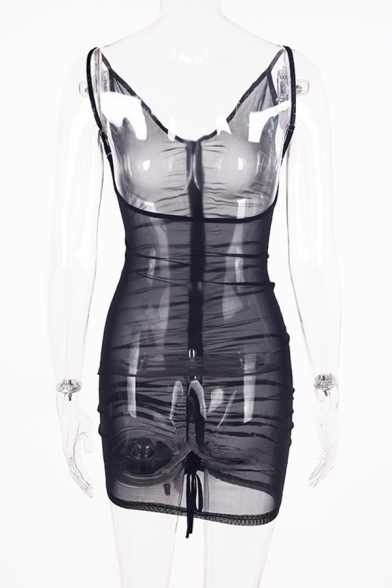 New Trendy Womens Plain V-Neck Sleeveless Ruched Drawstring Front Sheer Gauze Mini Slip Dress