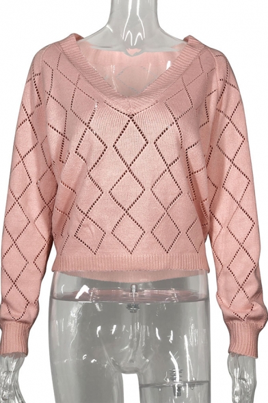 Pink Solid V Neck Long Sleeve Knitted Hollow Out Loose Relaxed Pullover Sweater