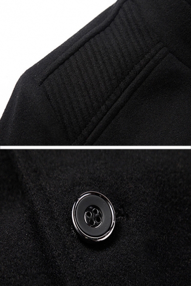 Plain Black Long Sleeve Stand Up Collar Single Breasted Longline Casual Business Wool Coat for Men