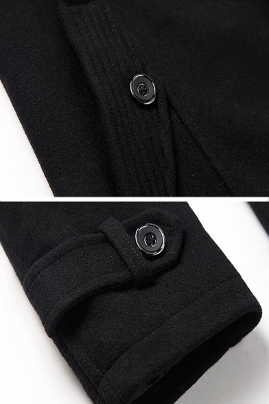 Plain Black Long Sleeve Stand Up Collar Single Breasted Longline Casual Business Wool Coat for Men