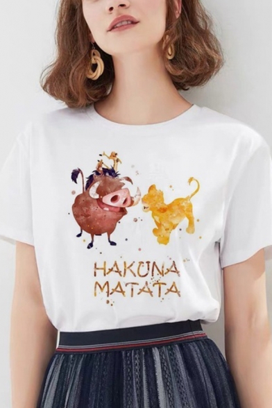 Simple Letter HAKUNA MATATA Printed Short Sleeve White Casual Loose T-Shirt Top