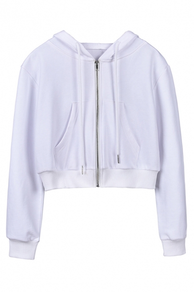 Simple Plain White Long Sleeve Zip Up Slim Fit Cropped Hoodie with ...
