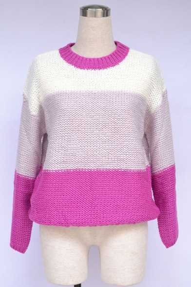 Unique Colorblock Stripe Printed Long Sleeve Oversized Knitwear Pullover Sweater