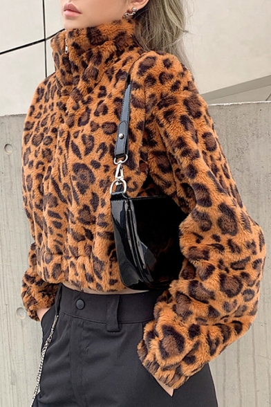 Winter Classic Leopard Printed High Collar Long Sleeve Half Zip Cropped Slim Fit Brown Fluffy Plush Sweatshirt