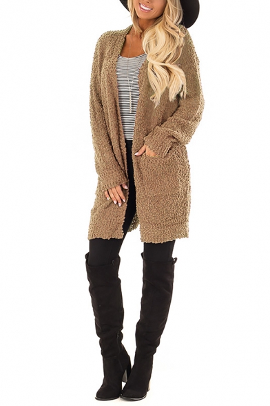 BIKETAFUWY Winter Cardigan for Women Coat Warm Plush Fleece Outwear Fuzzy Open Front Sweater Pocket Button Long Jacket 