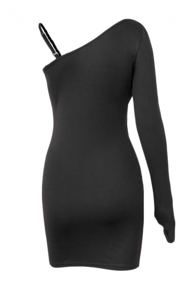 Women's Elegant Plain Black One Shoulder Single Sleeve Ruffle Embellished Mini Fitted Dress