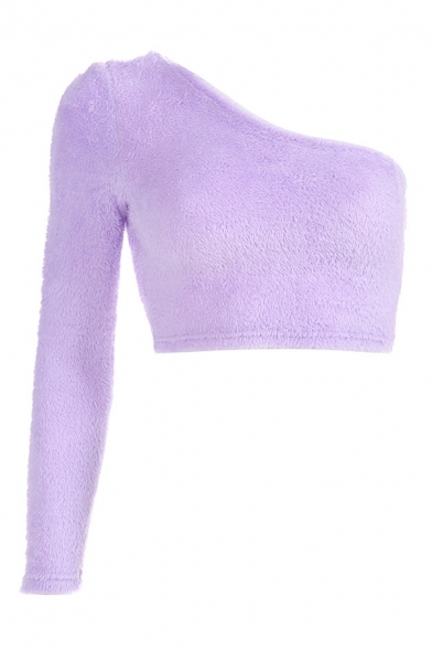 Women's Simple Solid Purple One-Shoulder Long Sleeve Fluffy Knit Sexy Cropped Sweater Top