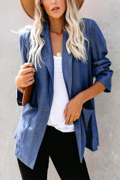 Womens Casual Blue Long Sleeve Notch Collar Single Breasted Loose Thin Blazer Coat with Pocket