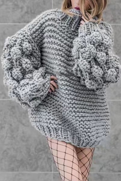 Womens Casual Solid Color High Collar Pompom Knitted Lantern Sleeve Chunky Loose Pullover Thick Sweater