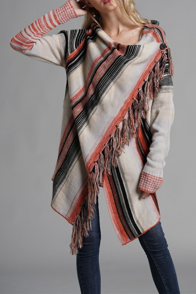 Womens Classic Striped Tassel Oversized Long Cross Wrap Cardigan Shawl Sweater