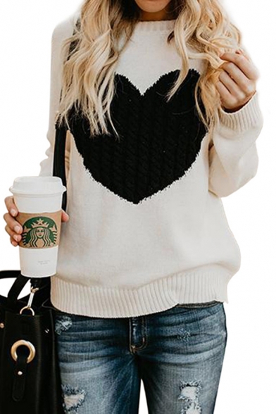 Womens Cute Heart Patch Cable Knit Long Sleeve Crewneck Loose Fit Casual Jumper Sweater
