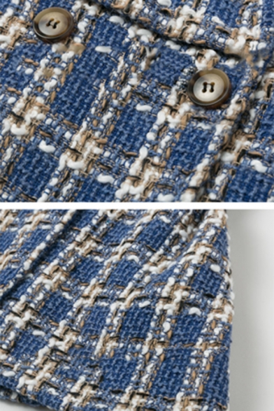 Womens Elegant Blue Checked Pattern Ruffled Long Sleeve Double Button Tweed Jacket Coat