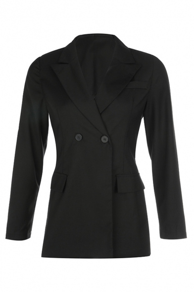 Womens Elegant Cutout Tied Back Long Sleeve Peak Collar Double Button Black Longline Blazer Coat