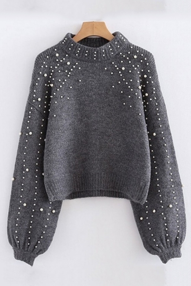 Womens Fashion High Collar Lantern Sleeve Faux Pearl Embellished Gray Pullover Sweater