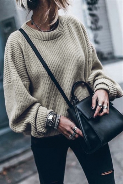 Womens Fashion Khaki Plain Balloon Long Sleeve  Round Neck Loose Casual Pullover Sweater