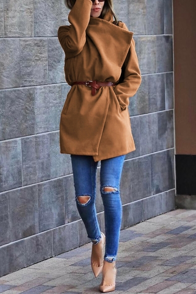 Womens Fashion Lapel Collar Long Sleeve Plain Longline Wool Coat with Pocket
