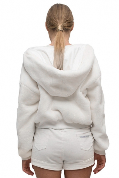 Womens Leisure Plain White Faux Fur Long Sleeve Zip Up Cropped Jacket Coat with Hood