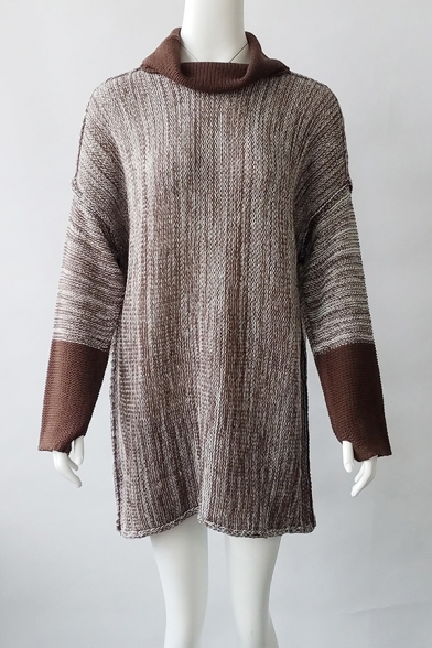 Womens Outdoor Fashionable Colorblock Turtle Neck Long Sleeve Boucle Knit Tunic Jumper Sweater