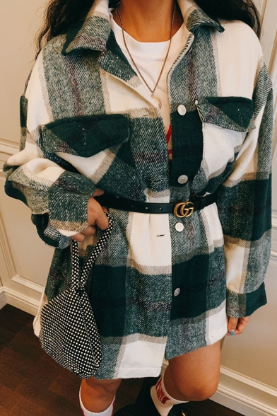Womens Retro Green & White Plaid Pattern Single Breasted Oversized Longline Wool Shirt Coat with Pocket