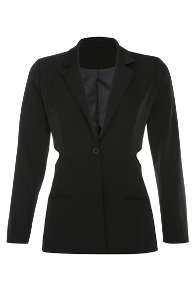 Womens Sexy Black Lapel Collar Long Sleeve Cutout Slim Fit Blazer Coat