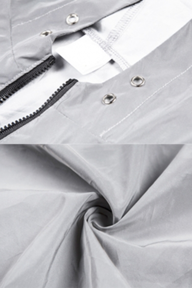 Womens Sexy Gray Plain Long Sleeve Elastic Hem Zip Up Reflective Cropped Hooded Jacket Windbreaker