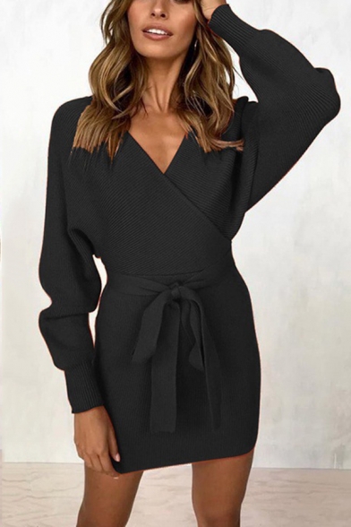Womens Sexy V-Neck Long Sleeve V-Back Tied Waist Solid Classic Mini Fitted Dress