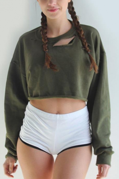 Womens Simple Army Green Solid Color Round Neck Long Sleeve Ripped Cropped Pullover Sweatshirt