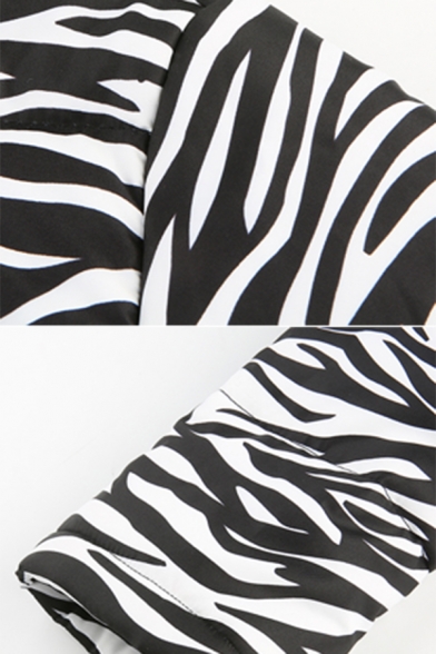 Womens Stylish Black & White Zebra Print High Collar Zip Closure Short Puffer Coat