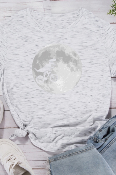 Womens Stylish Moon and Dinosaur Pattern Short Sleeve Round Neck Casual T-Shirt