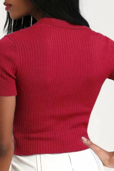 Womens Summer Trendy Deep V Neck Solid Color Short Sleeve Slim Fit Ribbed Knitted Sweater Top
