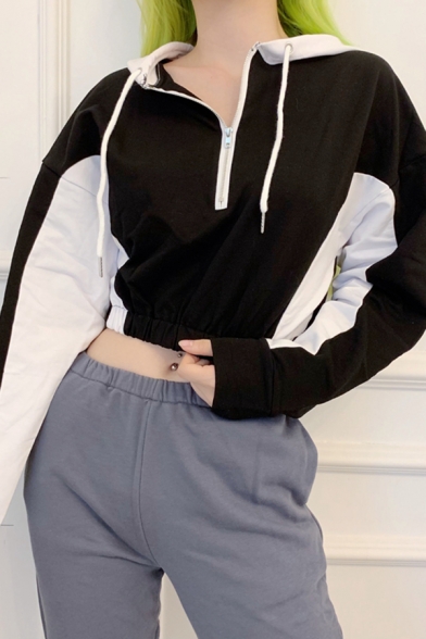 Womens Trendy Color Block Drawstring Hood Long Sleeve Half Zip Crop Hoodie Top