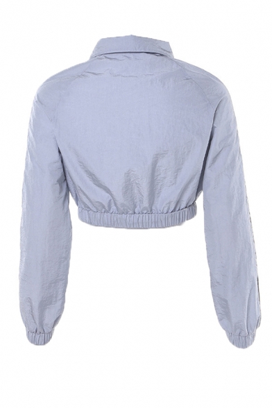 Cool Lapel Collar Reflective Stripe Long Sleeve Half Zip Gray Casual Crop Sweatshirt