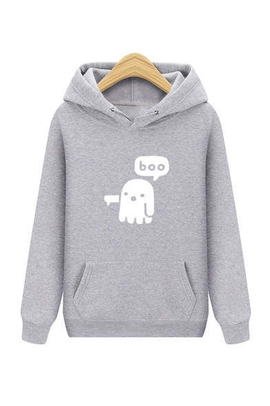 Cute Ghost BOO Printed Long Sleeve Loose Unisex Drawstring Hoodie with Kangaroo Pocket