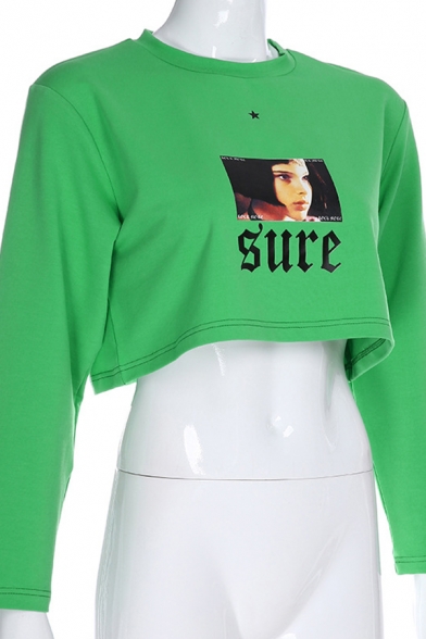 Cute Girl Letter SURE Printed Crew Neck Long Sleeve Green Cropped Pullover Sweatshirt