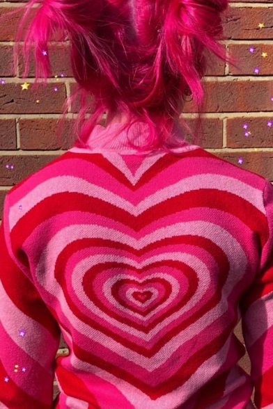Exclusive Heart Printed Long Sleeve Mock Neck Pink Casual Pullover Sweater Knitwear
